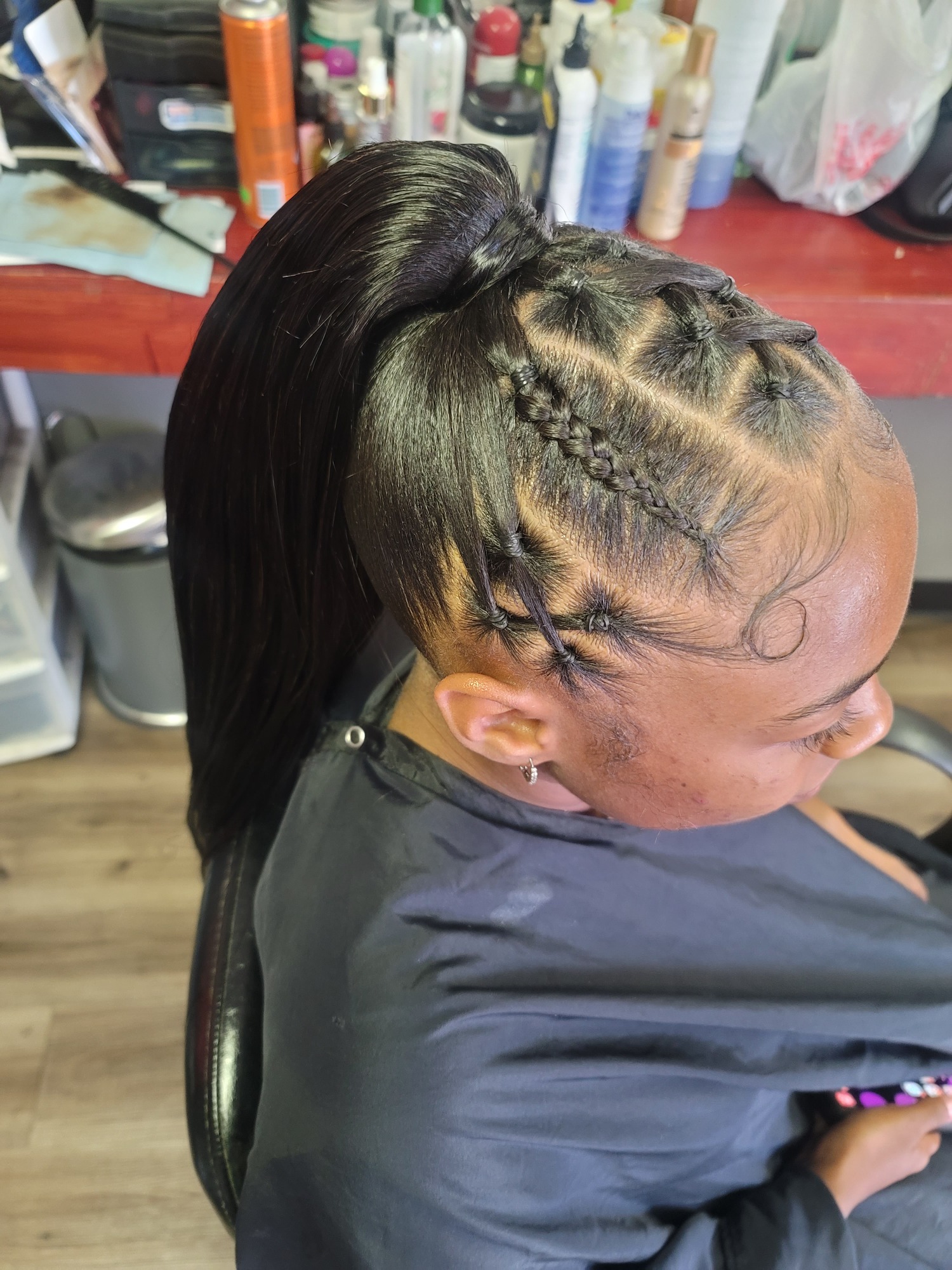 Close-up of a woman with braided hair styled in a sleek, high ponytail.