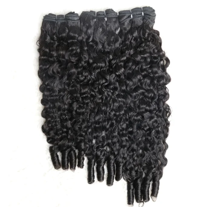 Luxury Burmese Curly Curly black hair extensions arranged in a bundled format.