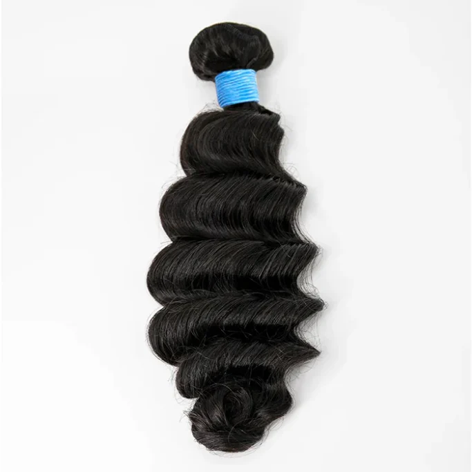 Luxury Ocean Wave Curly black hair extension bundled with a blue hair tie on top.