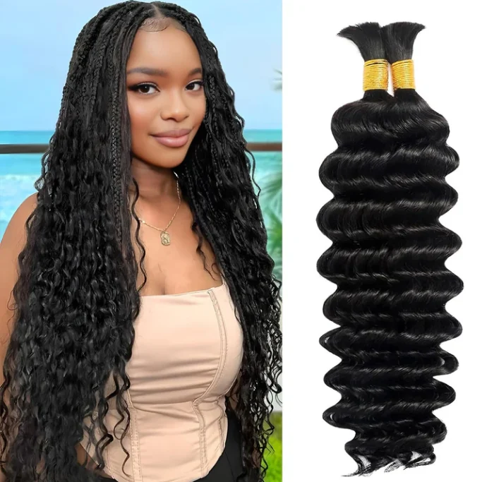 Bulk Braiding Deep Wave Woman with long, wavy black hair beside bundles of curled hair extensions.